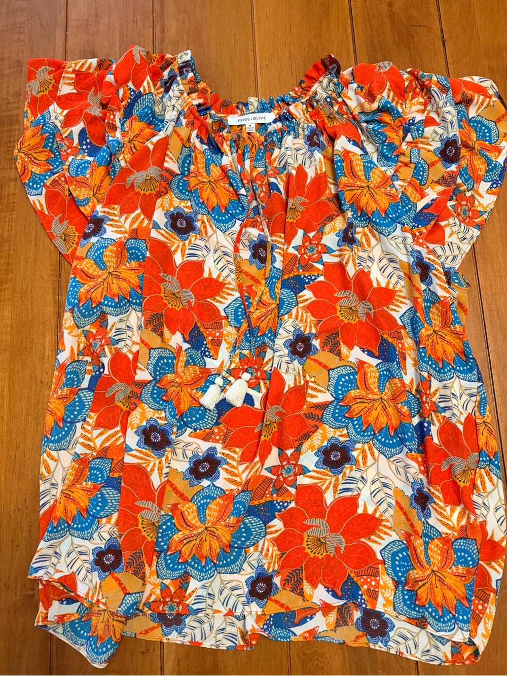 Rose & Olive Orange Floral Blouse with Blue Accents
